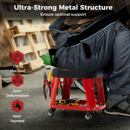 Garage Rolling Stool with Equipment Tray and Tool Holder-Red