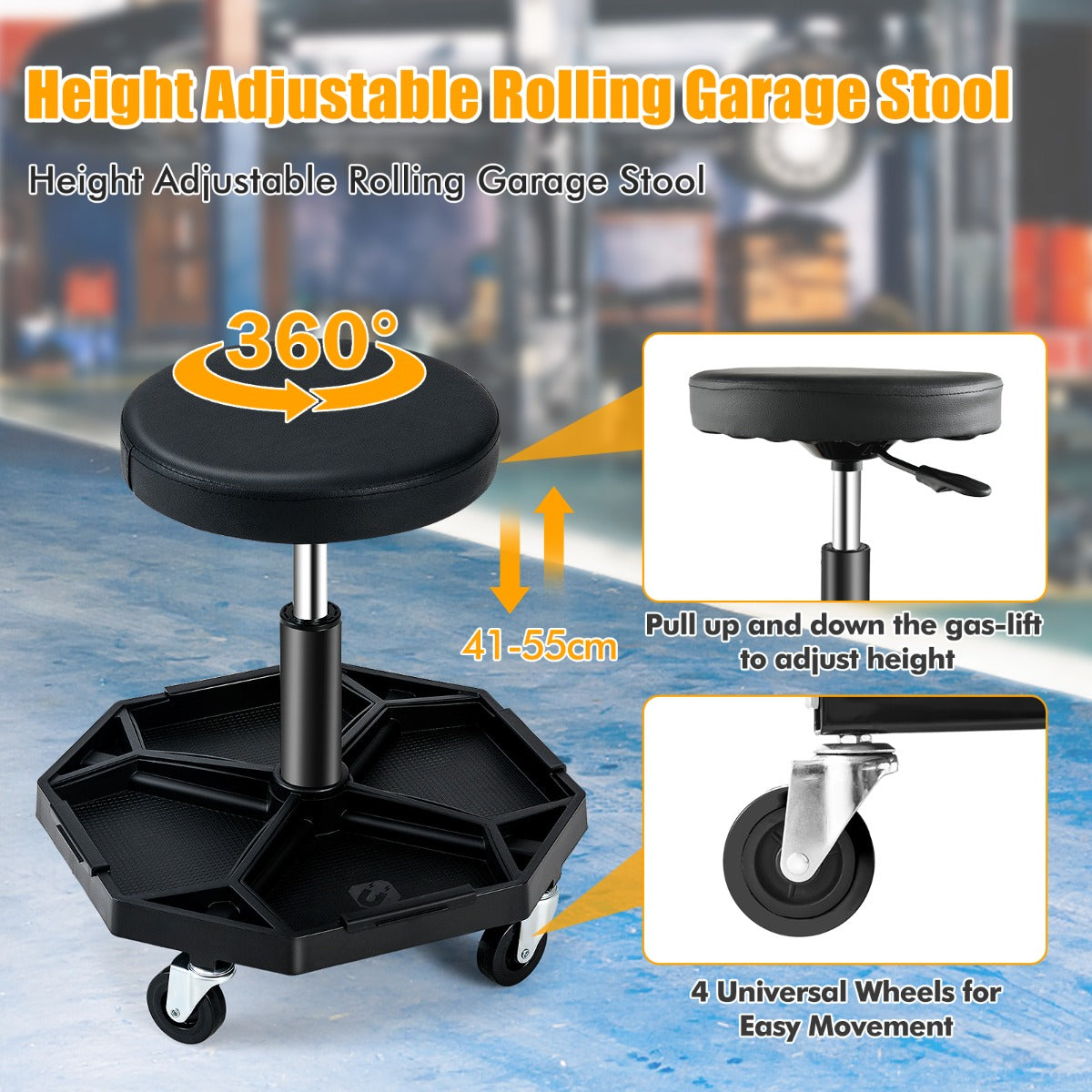Garage Workshop Creeper Seat with Padded Seat and Tool Tray-Black