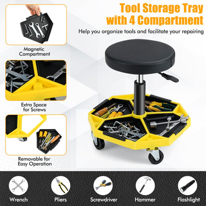 Garage Workshop Creeper Seat with Padded Seat and Tool Tray-Yellow