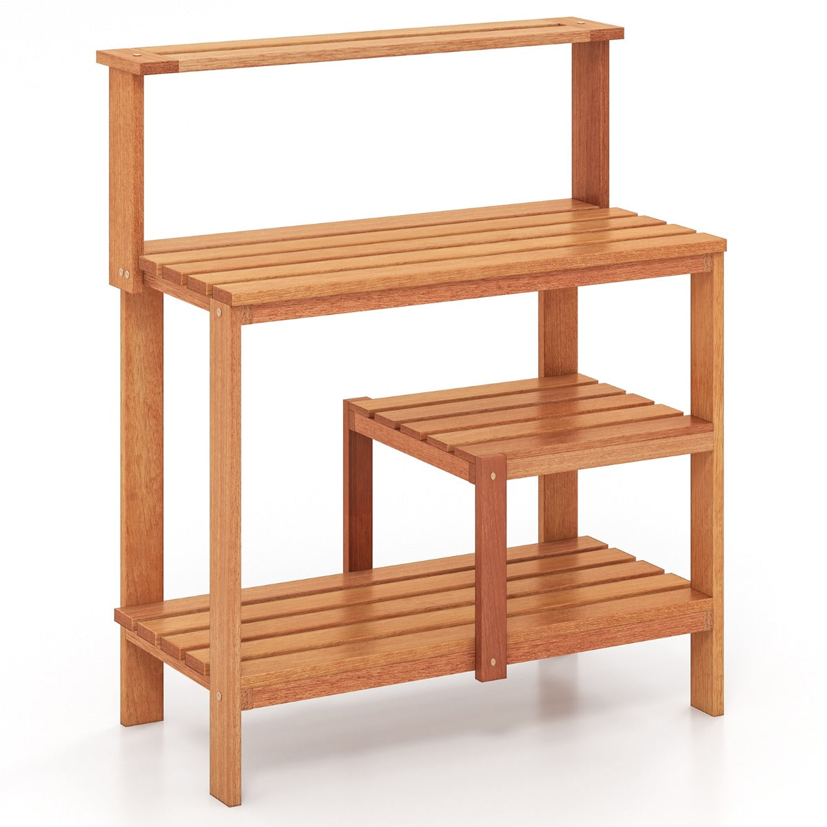 Garden Potting Bench Table with Open Shelves and Teak Oil Finish