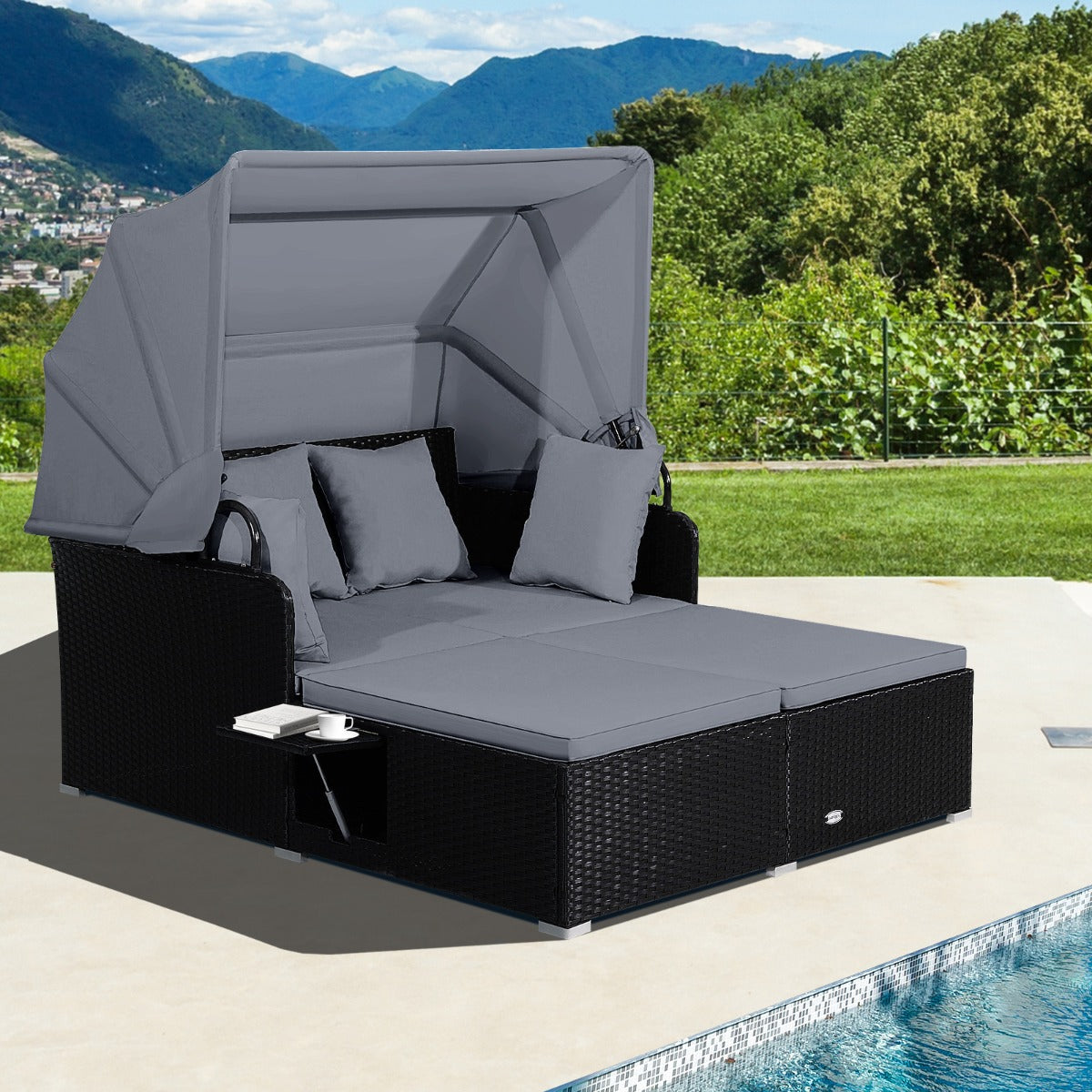 Garden Rattan Daybed with Retractable Canopy and Cushions-Grey