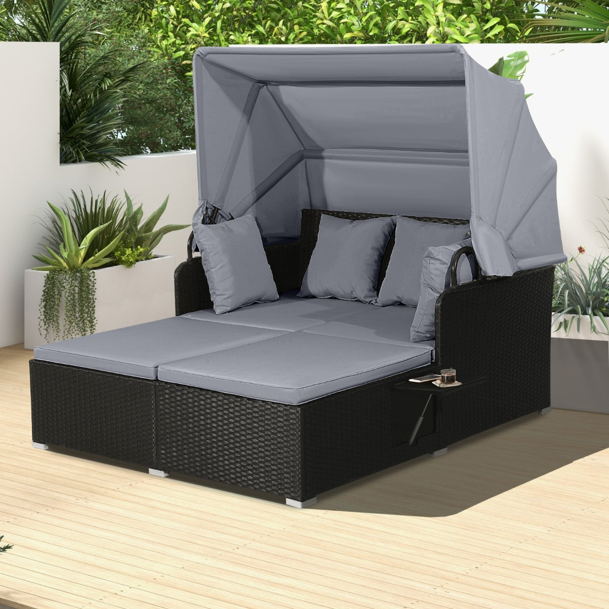 Garden Rattan Daybed with Retractable Canopy and Cushions-Grey