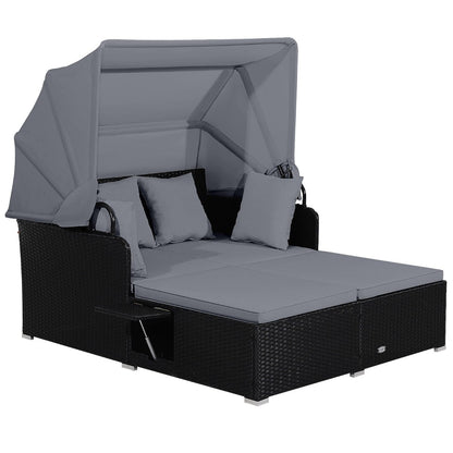 Garden Rattan Daybed with Retractable Canopy and Cushions-Grey
