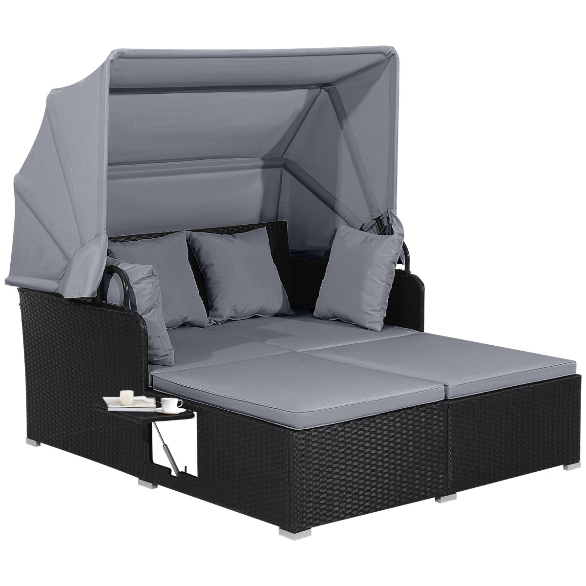 Garden Rattan Daybed with Retractable Canopy and Cushions-Grey