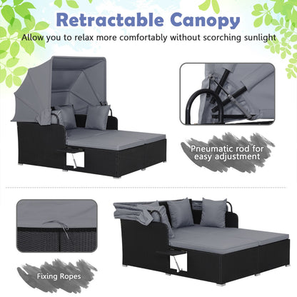 Garden Rattan Daybed with Retractable Canopy and Cushions-Grey