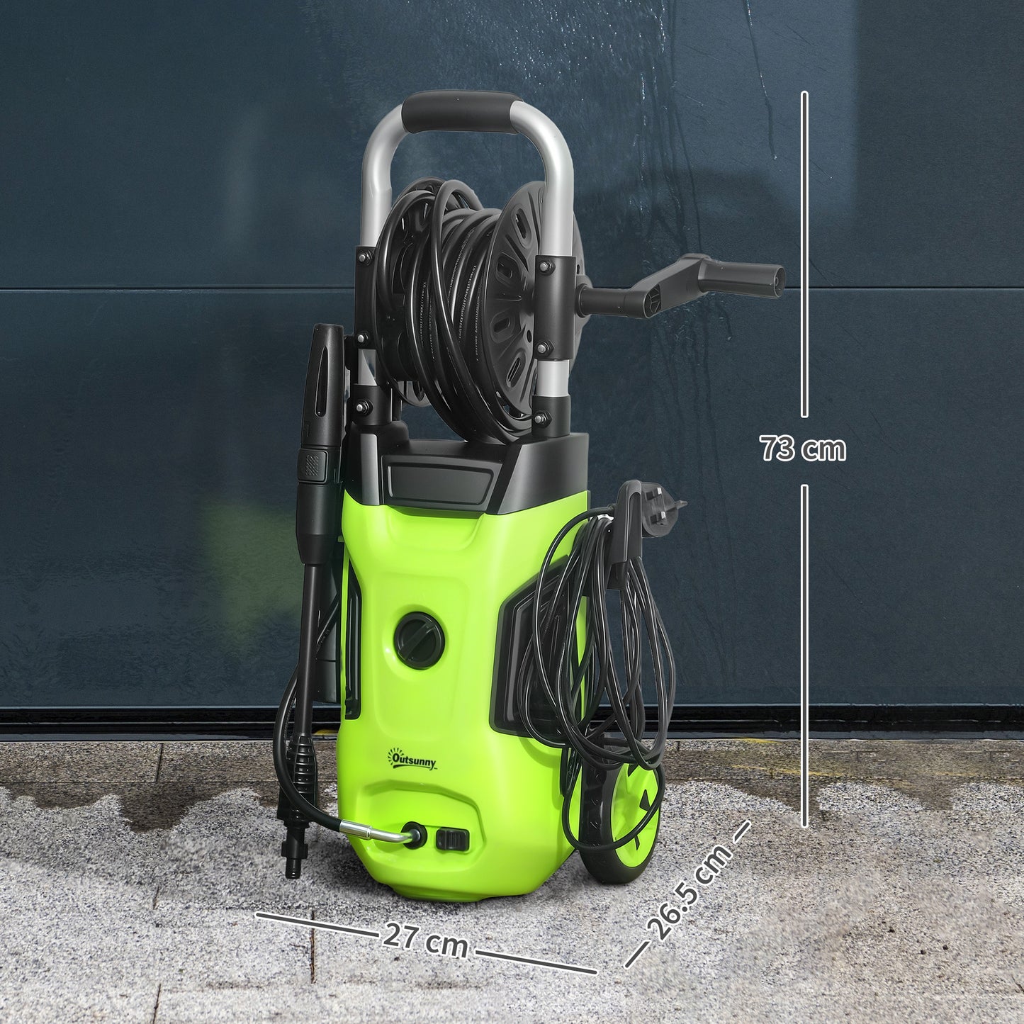 Myjka wysokociśnieniowa Outsunny 1800 W, ciśnienie 150 barów, przepływ 420 l/h, przenośna myjka ciśnieniowa z regulowaną dyszą, wąż 6 m, bęben na wąż, stalowy uchwyt do domu, patio, podjazdu samochodowego, kolor zielony