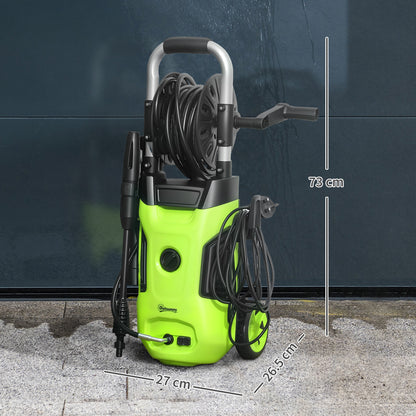 Myjka wysokociśnieniowa Outsunny 1800 W, ciśnienie 150 barów, przepływ 420 l/h, przenośna myjka ciśnieniowa z regulowaną dyszą, wąż 6 m, bęben na wąż, stalowy uchwyt do domu, patio, podjazdu samochodowego, kolor zielony