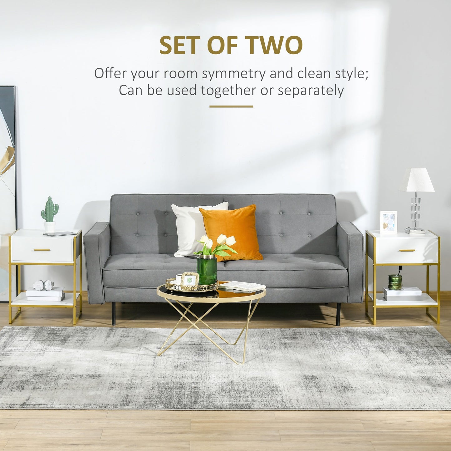 طاولة بجانب السرير من HOMCOM، طاولة بجانب السرير مع رف أدراج، طاولة جانبية لغرفة المعيشة وغرفة النوم باللونين الأبيض والذهبي، مجموعة من قطعتين