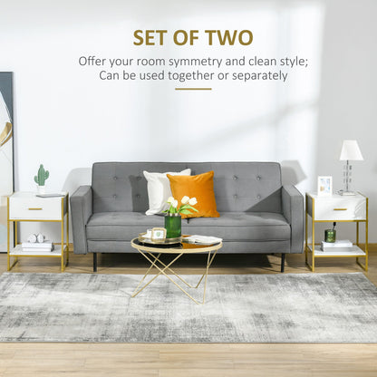 طاولة بجانب السرير من HOMCOM، طاولة بجانب السرير مع رف أدراج، طاولة جانبية لغرفة المعيشة وغرفة النوم باللونين الأبيض والذهبي، مجموعة من قطعتين