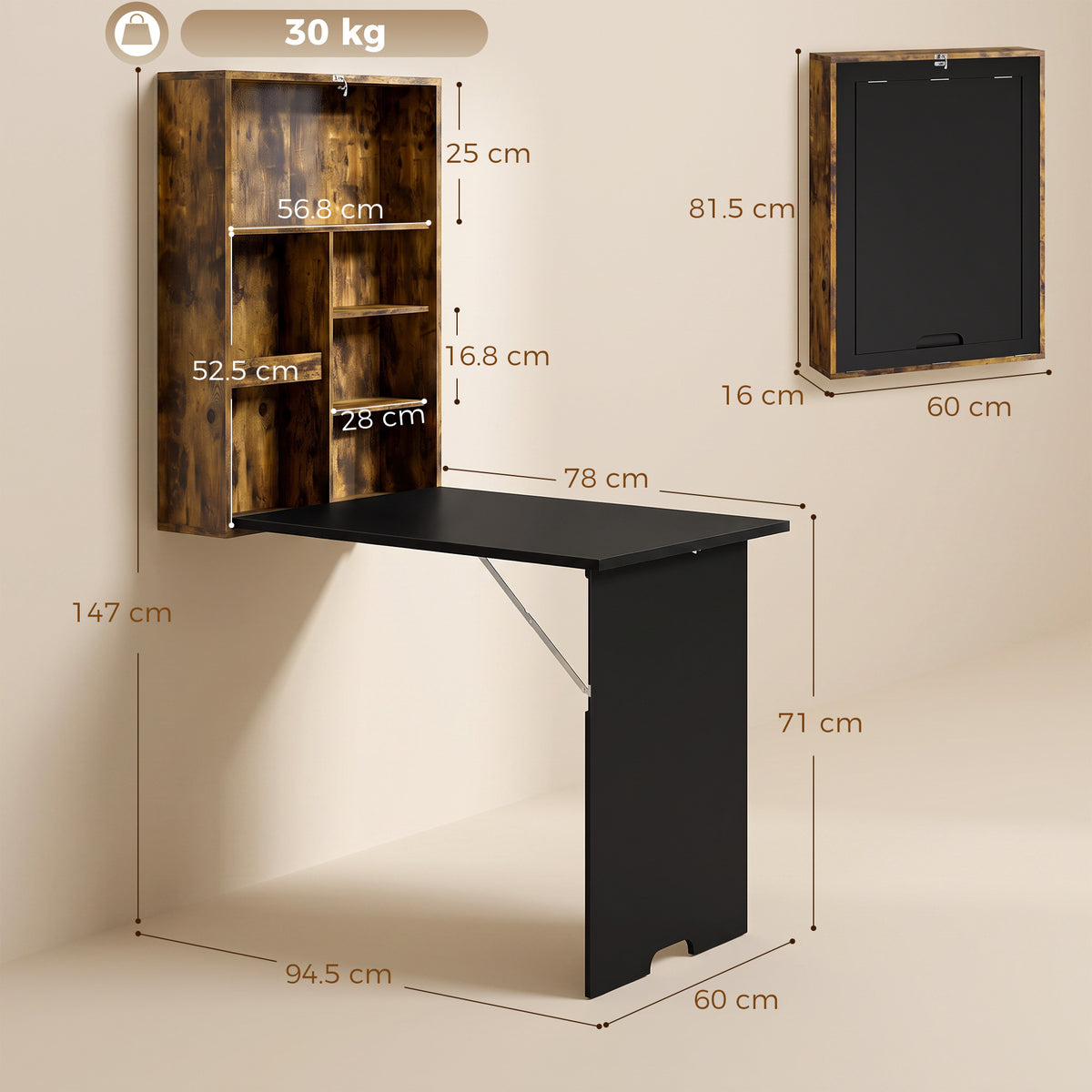 HOMCOM Folding Wall-Mounted Drop-Leaf Table, Convertible Wall Table With Chalkboard and Storage Shelf, Rustic Brown