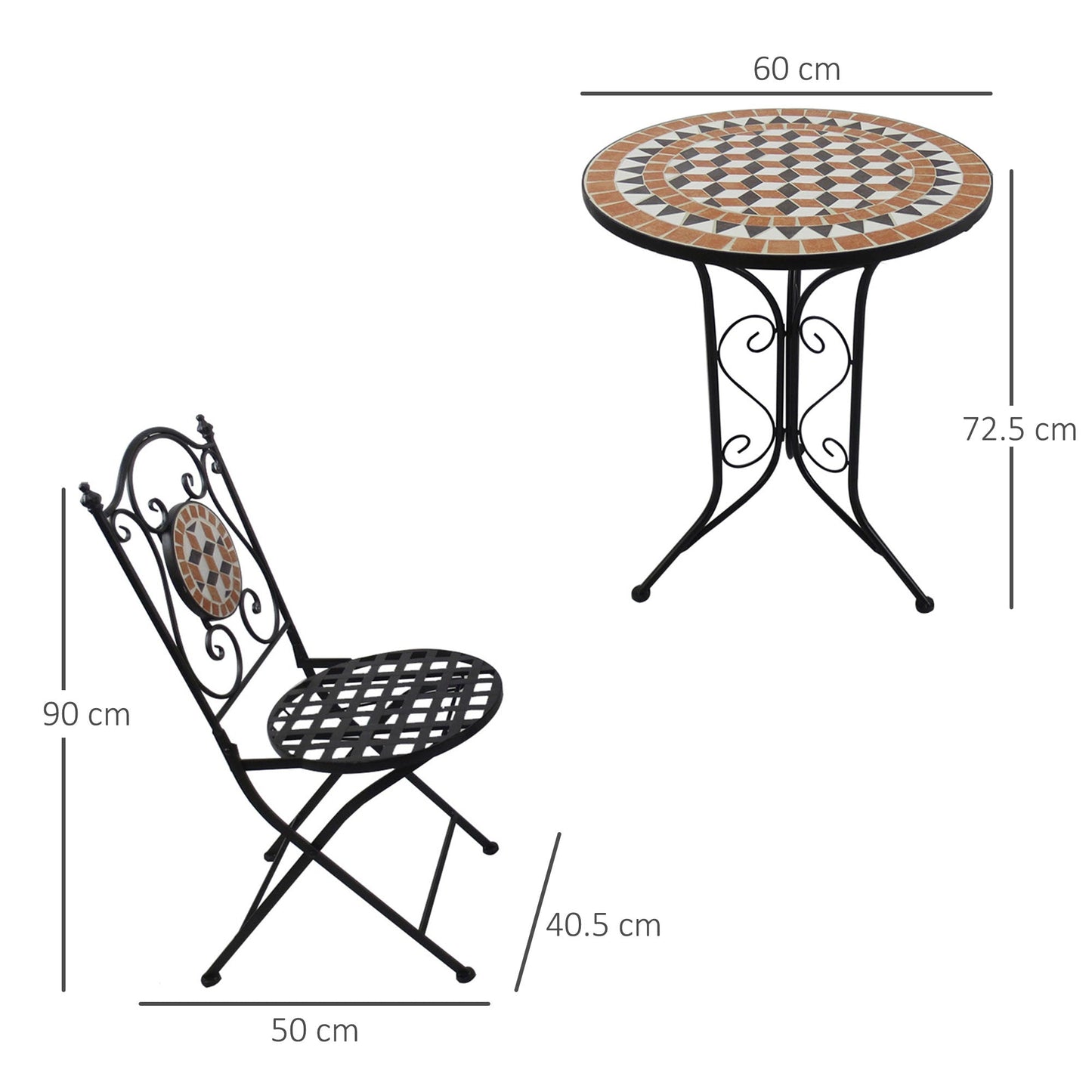 Outsunny 3 Piece Garden Mosaic Bistro Set Outdoor Patio 2 Folding Chairs & 1 Round Table  Outdoor Metal Furniture Vintage