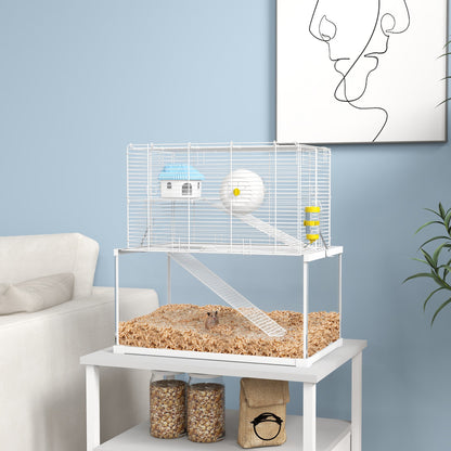 PawHut Gerbil Cage, Dwarf Hamster Cage w/ Deep Glass Bottom, Ramps, Platforms, Hut, Exercise Wheels, Water Bottle - White