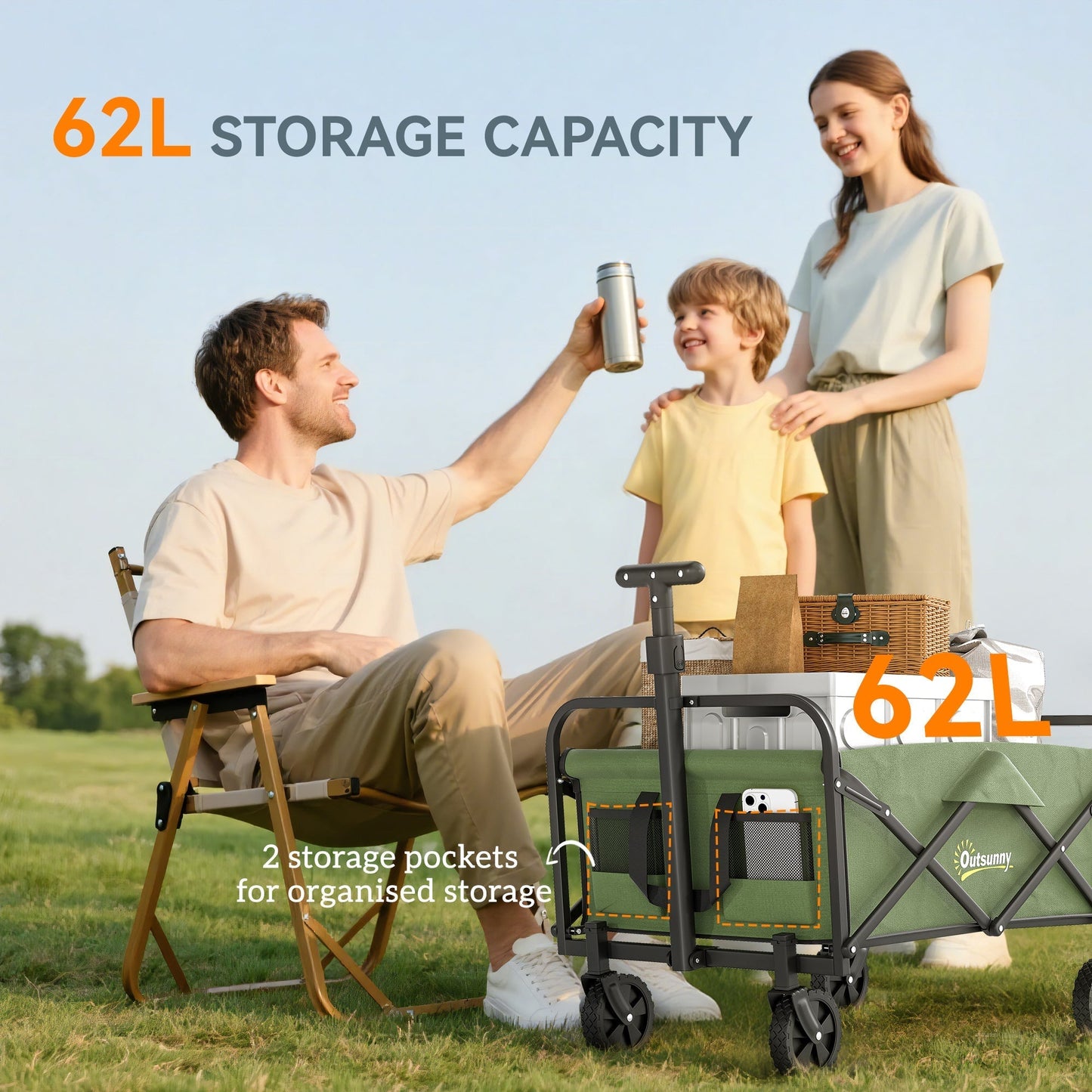 Outsunny 62L Festival Trolley on Wheels, Garden Folding Trolley Cart, 120kg Heavy Duty Collapsible Folding Wagon with Adjustable Handle and Carrying Bag for Beach, Camping, Festival, Green