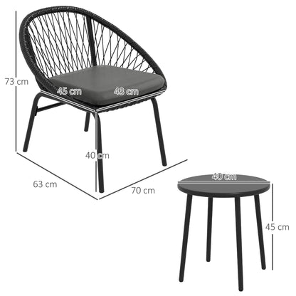 3 Piece Garden Furniture Set With Cushions, Round PE Rattan Bistro With Armchairs & Metal Plate Coffee Table Conversation Furniture - Black