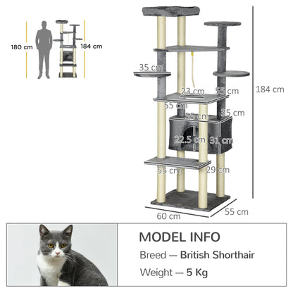 PawHut 184cm Cat Tree for Indoor Cats, Multi-level Kitten Climbing Tower with Scratching Posts, Cat Bed, Condo, Perches, Hanging Play Rope, Grey