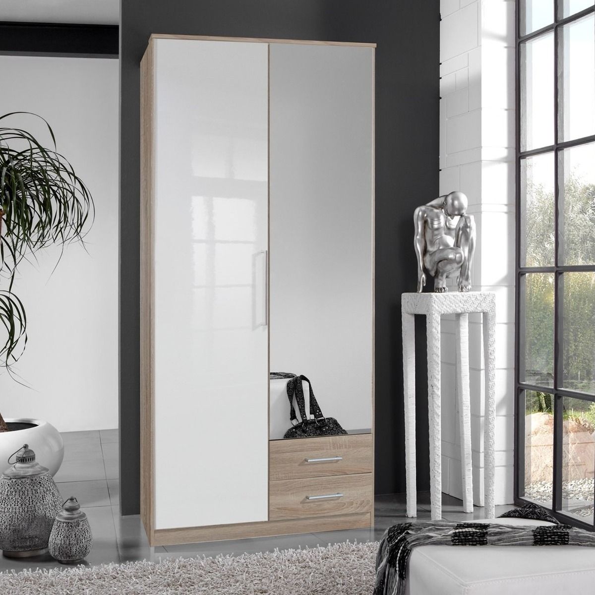 GEMA 2 Door 2 Drawer Mirrored Wardrobe in Oak and White Gloss
