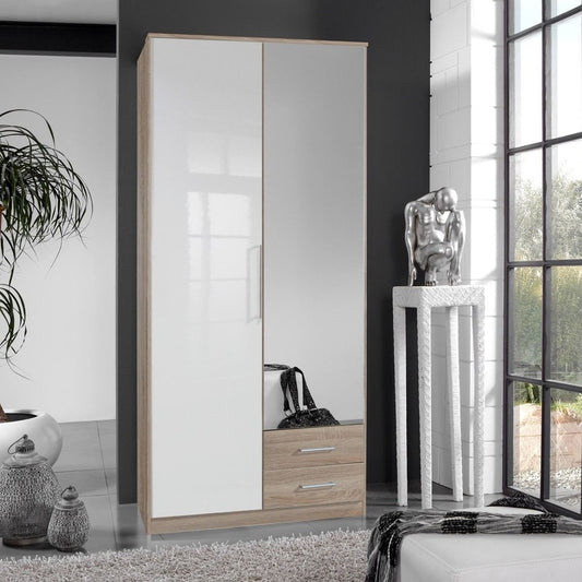 GEMA 2 Door 2 Drawer Mirrored Wardrobe in Oak and White Gloss