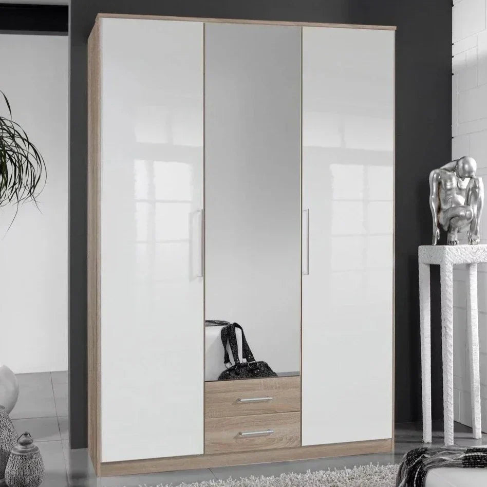 GEMA 3 Door Mirrored Wardrobe in Oak and White Gloss