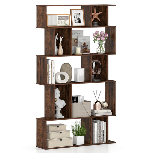 Geometric Bookshelf 5-Tier Bookcase in Rustic Brown
