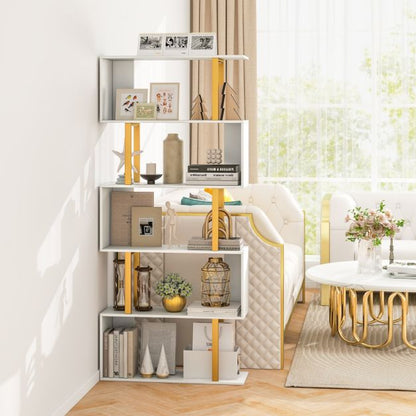 5/6-Tier Geometric Bookcase with Metal Frame and Anti-tipping Kits-5-Tier