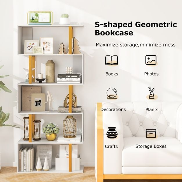 5/6-Tier Geometric Bookcase with Metal Frame and Anti-tipping Kits-5-Tier