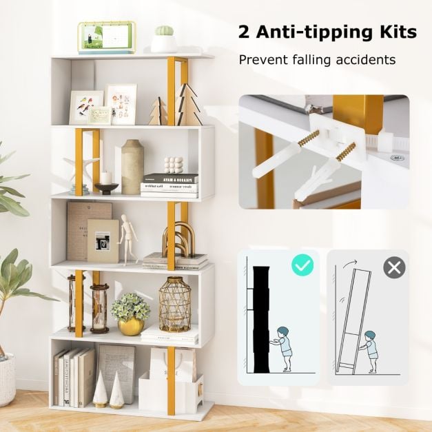 5/6-Tier Geometric Bookcase with Metal Frame and Anti-tipping Kits-5-Tier