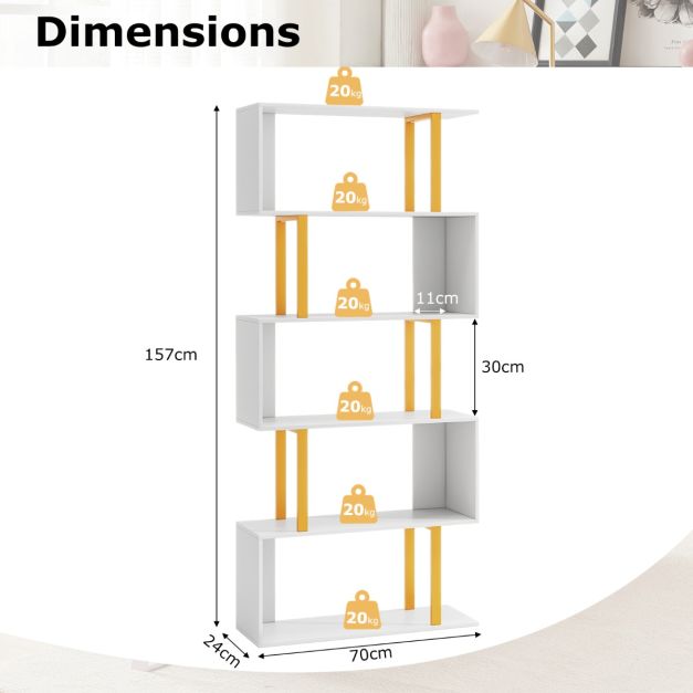 5/6-Tier Geometric Bookcase with Metal Frame and Anti-tipping Kits-5-Tier