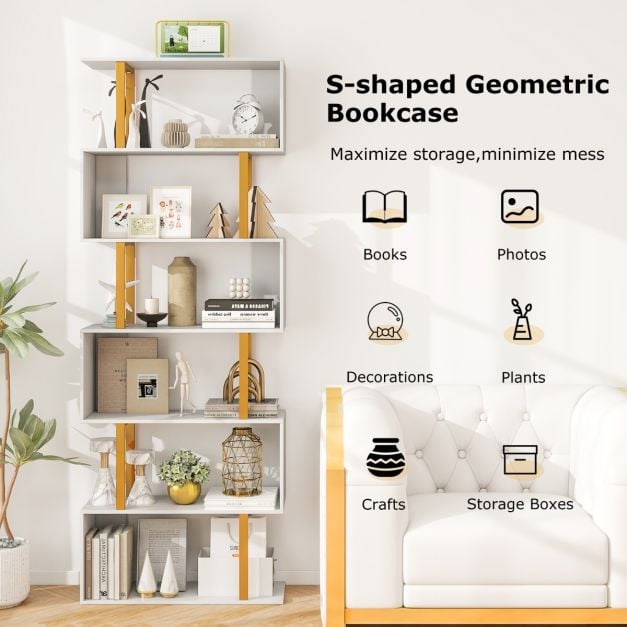 5/6-Tier Geometric Bookcase with Metal Frame and Anti-tipping Kits-6-Tier