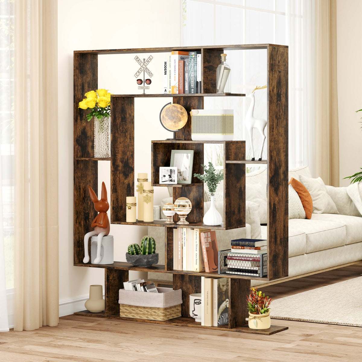 7-Tier Geometric Bookshelf with 2 Anti-Tipping Kits-Rustic Brown