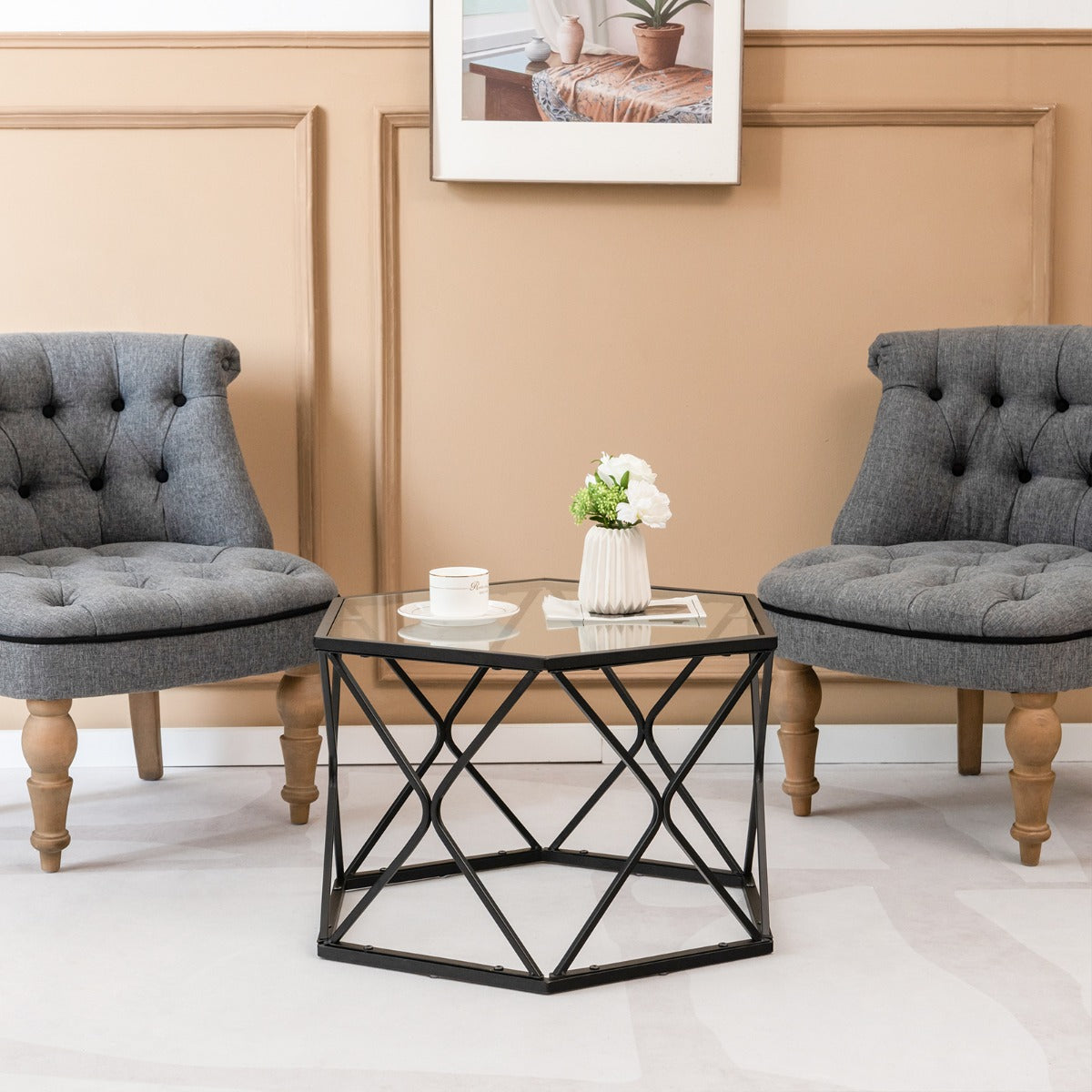 Modern Accent Geometric Glass Coffee Table with Solid Metal Frame-Black