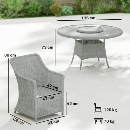 Outsunny Rattan Garden Dining Set with Lazy Susan, Marble Effect Glass Round Garden Table and Chairs with Aluminium Frame, Grey