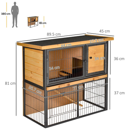 PawHut Guinea Pig Hutch Rabbit Hutch Wood-metal Elevated Pet House Bunny Cage with No-Leak Tray Ramp Openable Roof Outdoor 89.5 x 45 x 81cm Light Yellow