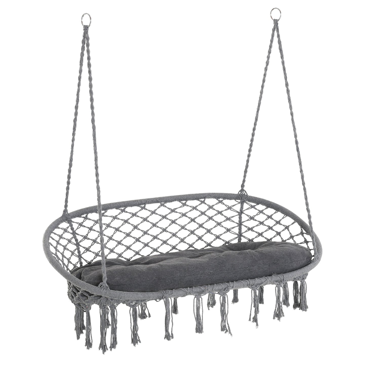 Outsunny Hanging Hammock Chair Cotton Rope Porch Swing with Metal Frame and Cushion, Large Macrame Seat for Garden, Bedroom, Living Room, Dark Grey