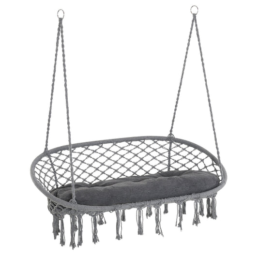 Outsunny Hanging Hammock Chair Cotton Rope Porch Swing with Metal Frame and Cushion, Large Macrame Seat for Garden, Bedroom, Living Room, Dark Grey