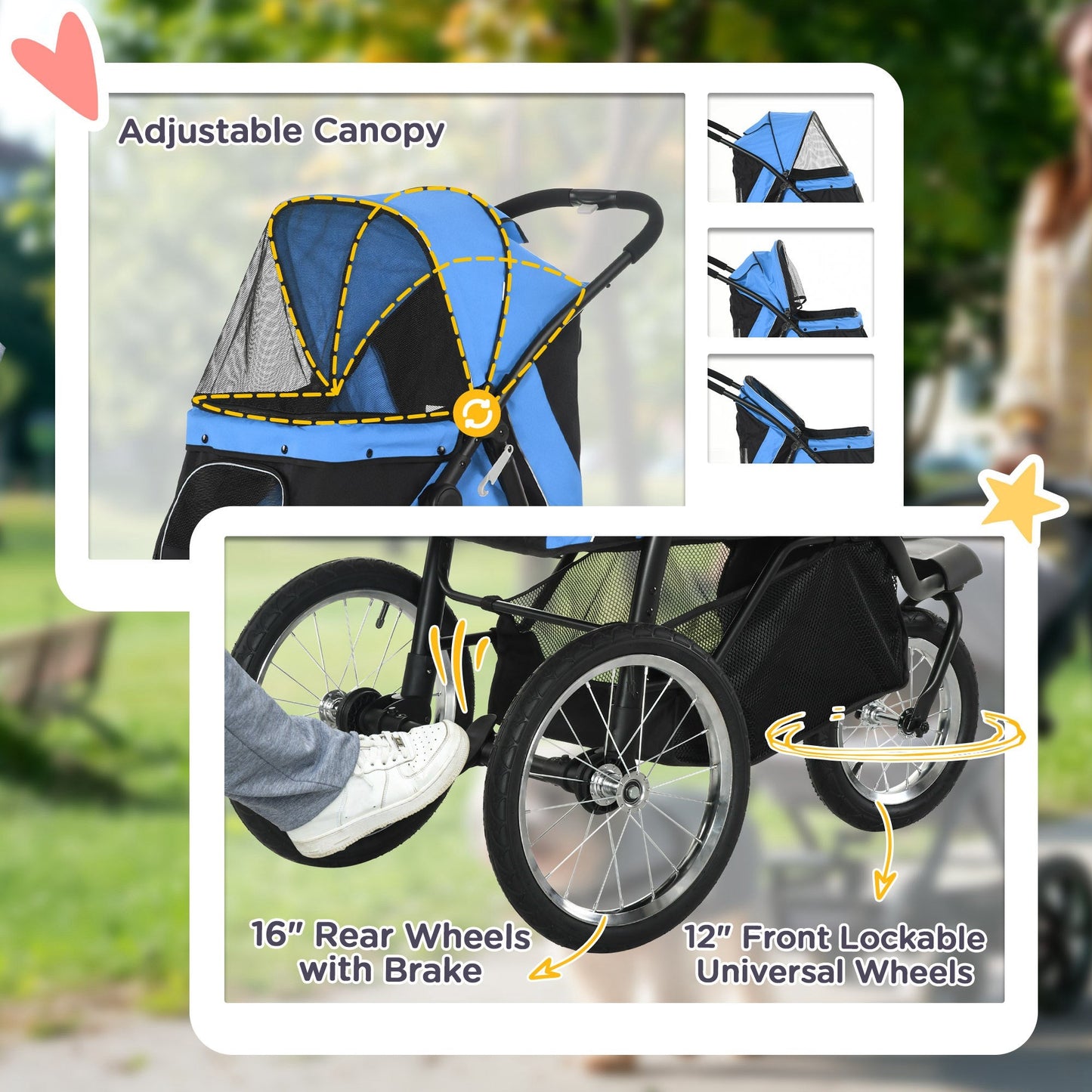 PawHut Dog Pram Dog Stroller Jogger Foldable Pet Pushchair for Medium, Small Dogs, w/ Rubber Wheels, Washable Cushion - Blue