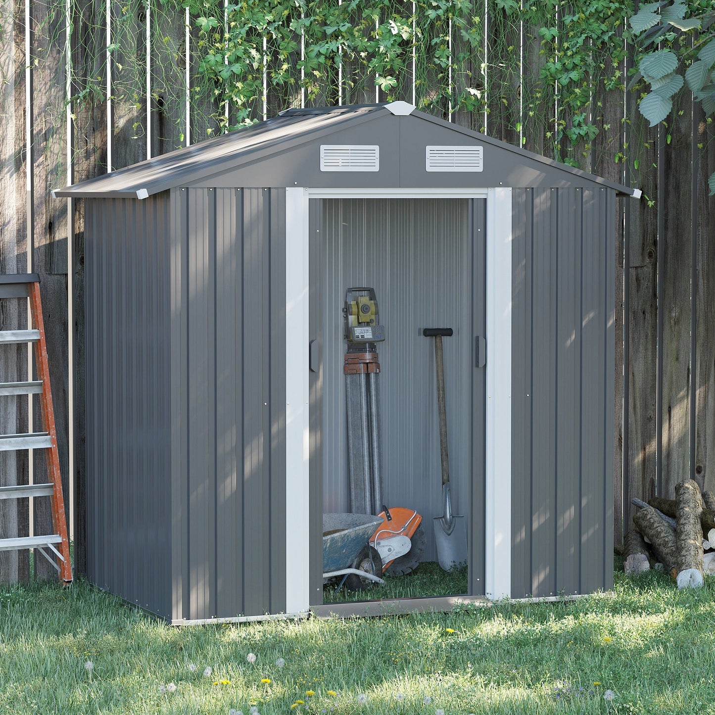 Outsunny 6.4 x 3.6ft Garden Metal Storage Shed w/ Double Sliding Door and Air Vents, Tool Storage for Backyard Patio Lawn, Grey