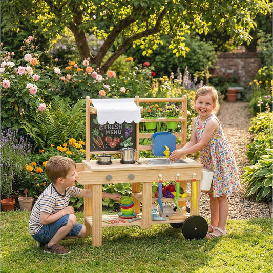 AIYAPLAY Mud Kitchen with Real Water Faucet Pretend Play Kitchen Playset with Sink and Storage Natural Wood