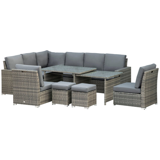 Outsunny 7 Piece Rattan Garden Furniture Set, 10-Seater Sofa Sectional with Cushioned Sofa Seat, Footstools and Expandable Glass Table for Yard Grey