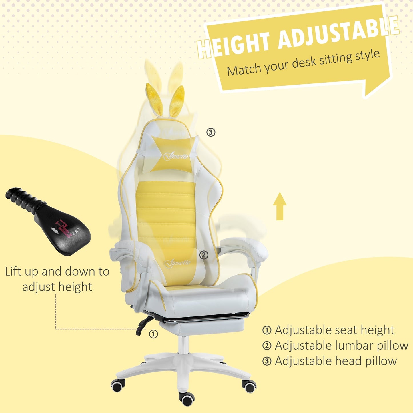 Vinsetto Racing Gaming Chair, Reclining PU Leather Computer Chair with Removable Rabbit Ears, Footrest, Headrest and Lumber Support, Yellow