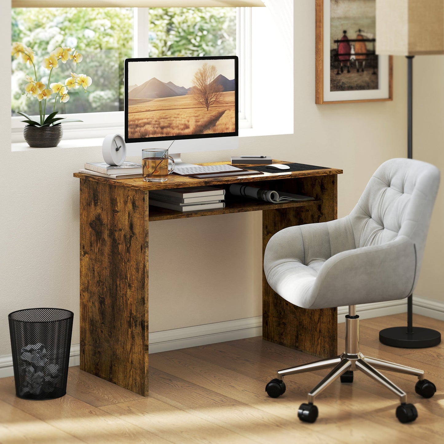 HOMCOM Boxy Work Desk, with Shelf - Wood-Effect