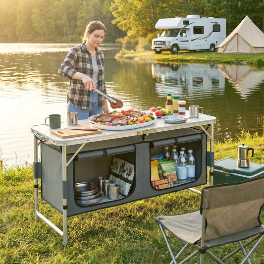 Outsunny 4ft Folding Camping Cupboard Kitchen, Height Adjustable Aluminium Camping Table with Storage, Lightweight Picnic Table for Outdoor Garden BBQ Party