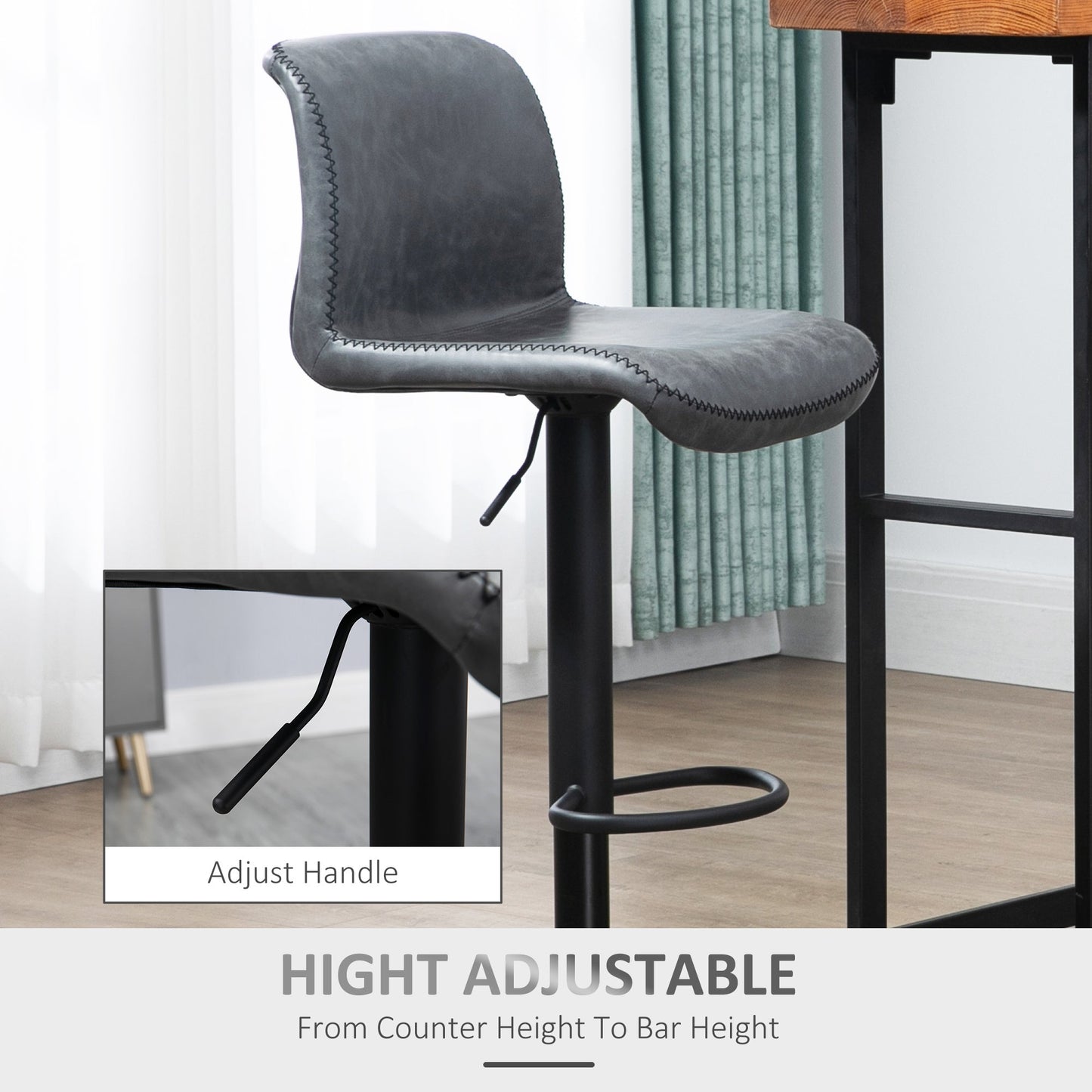 HOMCOM Bar Stools Set of 2, PU Leather Barstools with Backrest and Footrest for Kitchen, Counter, Breakfast Bar, Dark Grey