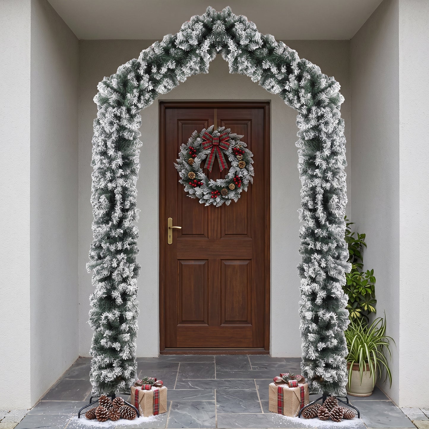 HOMCOM 9ft Flocked Snow Christmas Tree Arch, Christmas Single Arch Doorway Decor with 1400 Branch Tips and Steel Stand, Green