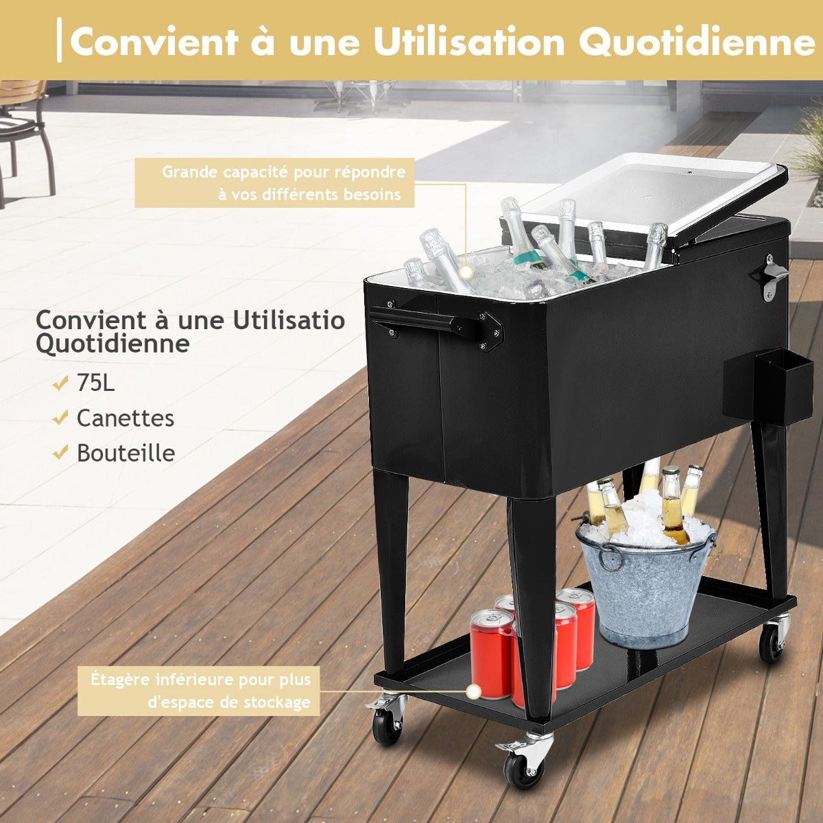 76 litre Outdoor Ice Chest Cooler Trolley-Black