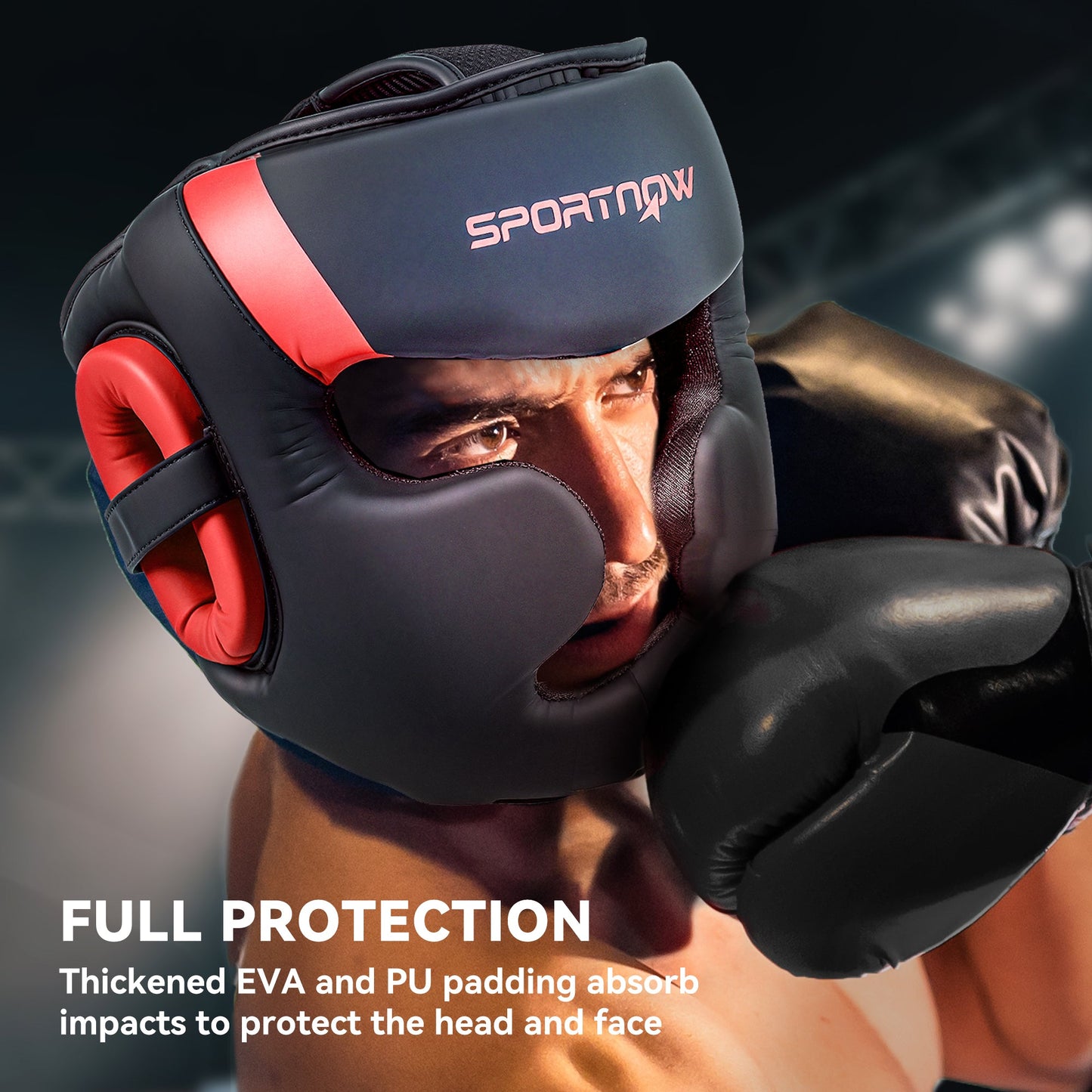 Kask bokserski SPORTNOW z regulowanym paskiem zapewniający pełną ochronę twarzy do kickboxingu, sparingów, sztuk walki, karate, taekwondo, czerwony