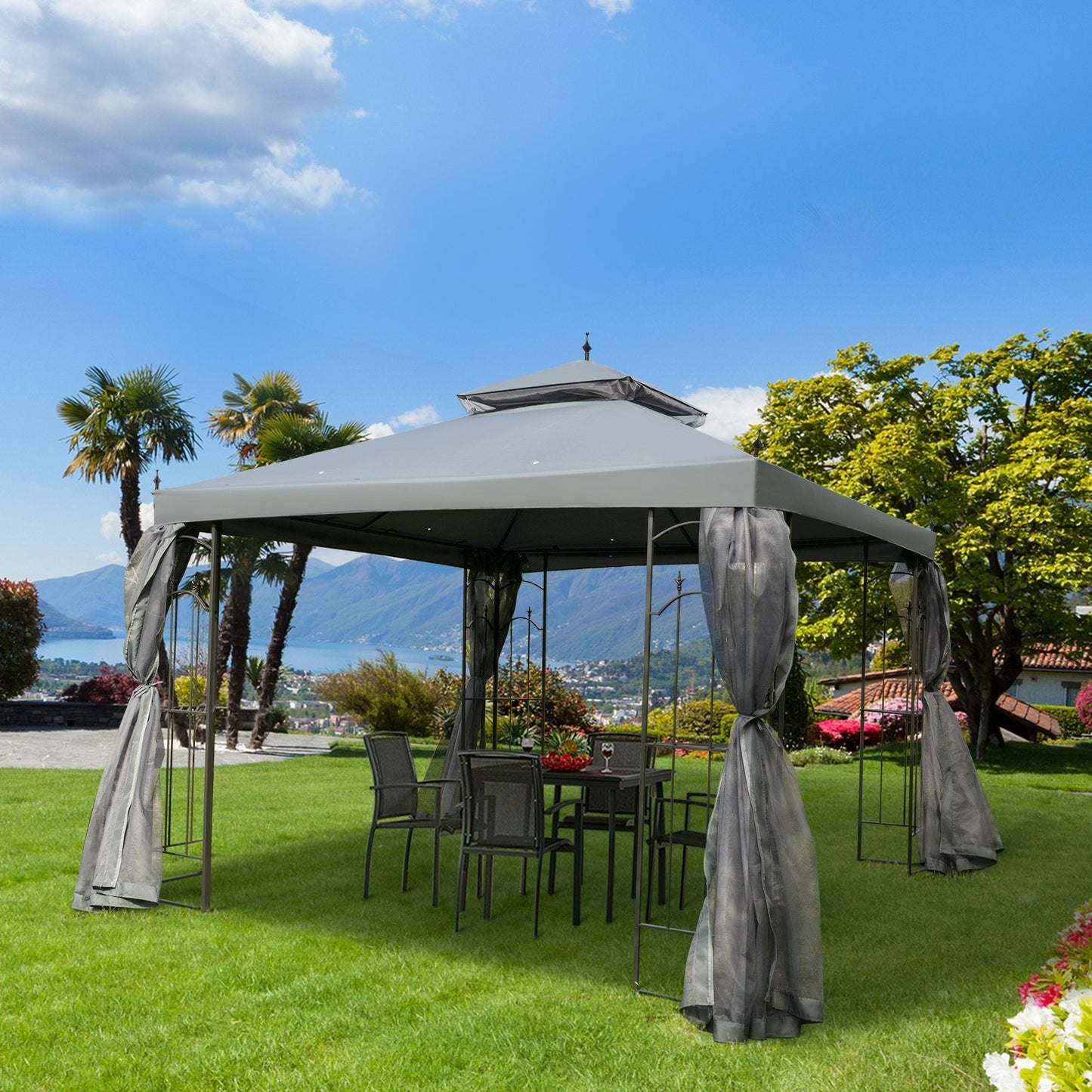 Outsunny 3 X 3 M Garden Gazebo Double Top في الهواء الطلق المظلة الفناء الحدث حفل زفاف خيمة الفناء الخلفي الشمس الظل مع شبكة الستار - رمادي