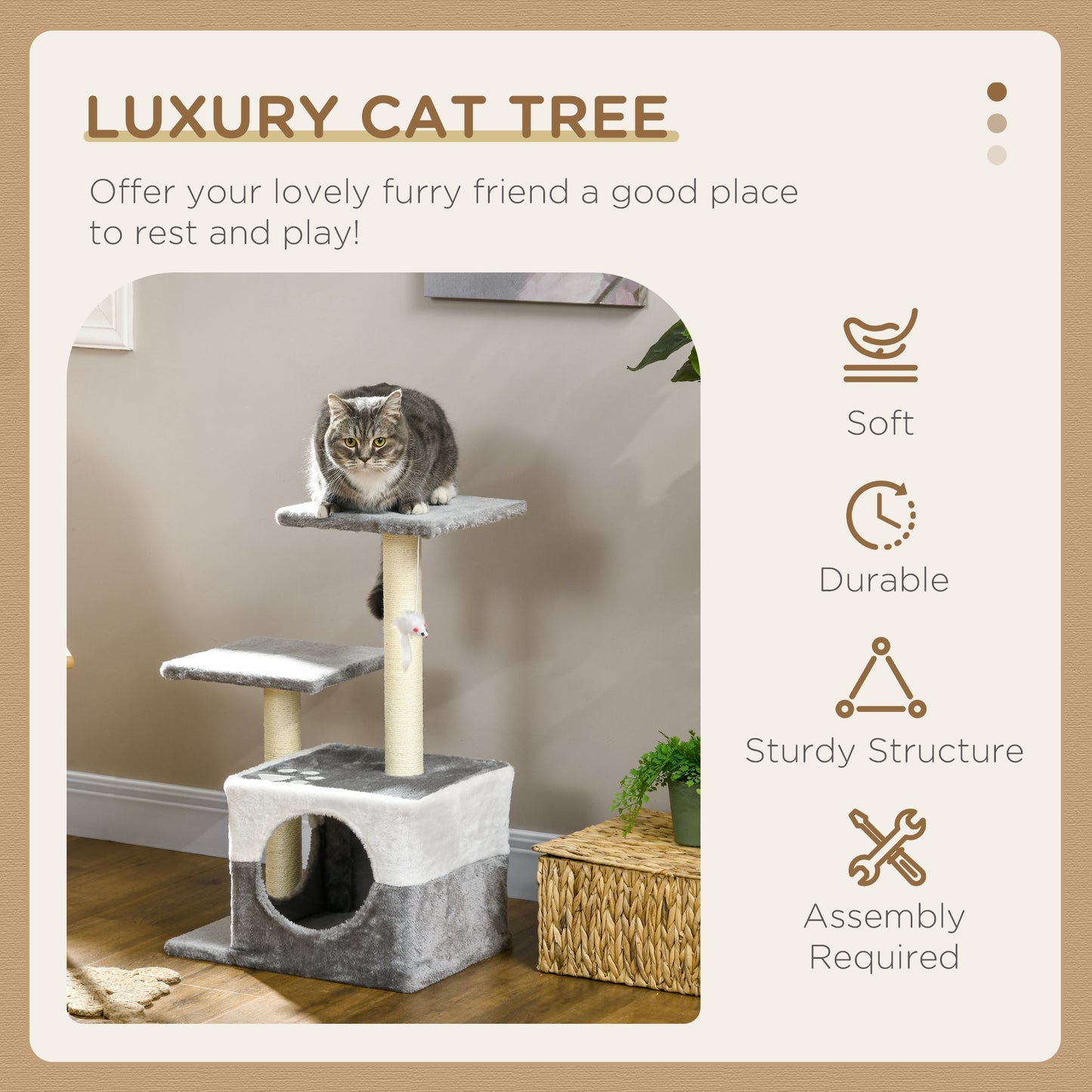 PawHut Cat Tree With Sisal Scratching Posts, House, Perches, Toy Mouse, Grey