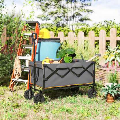 Outsunny 160L Festival Trolley on Wheels, Folding Camping Trolley Cart w/ Tailgate, 100kg Heavy Duty Garden Collapsible Folding Wagon w/Adjustable Handle, Carry Bag for Beach Picnic, Grey and Orange