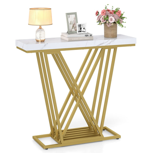 Gold Console Table Modern Sofa Table with Faux Marble Rectangular Tabletop-White