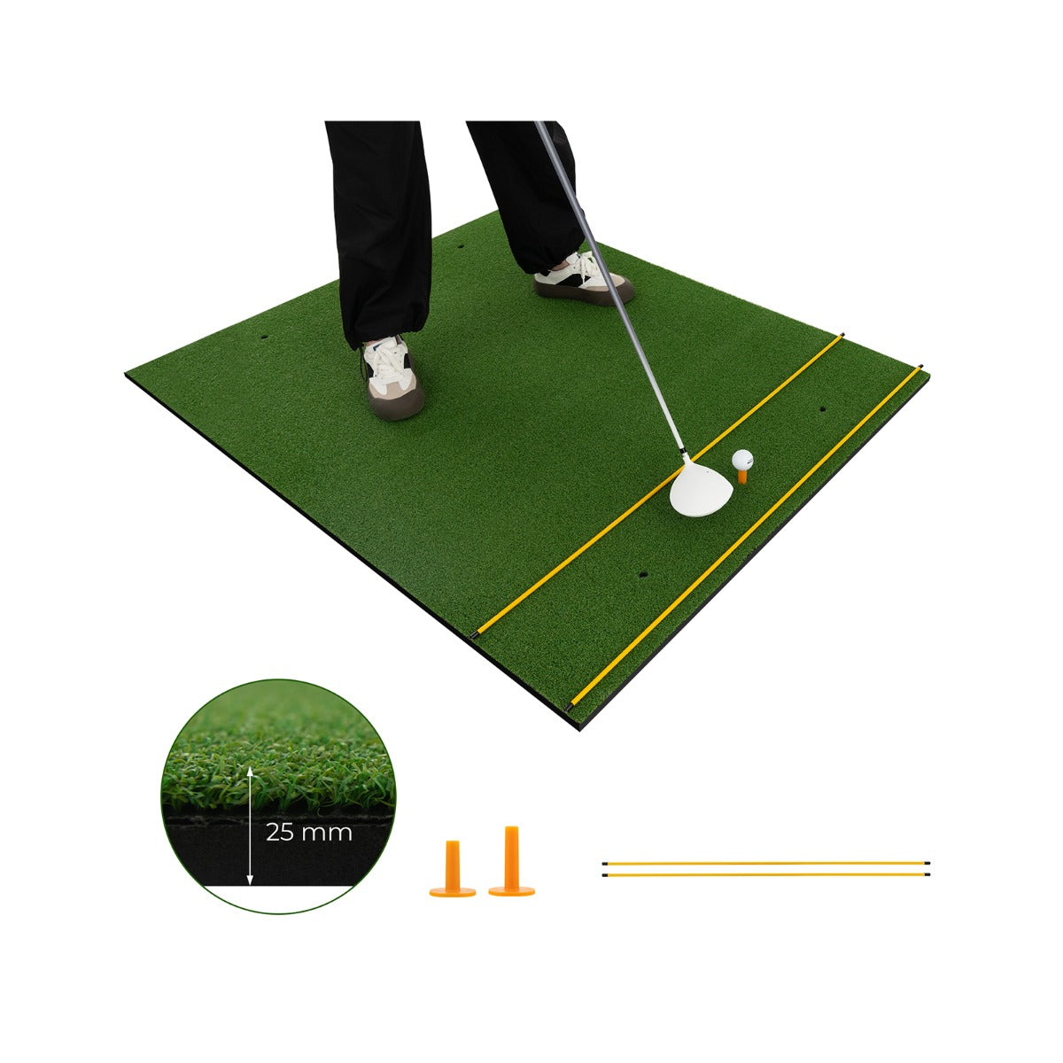 Artificial Turf Mat for Indoor and Outdoor Golf Practice Includes 2 Rubber Tees and 2 Alignment Sticks-25mm